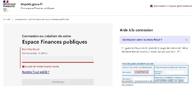 Page de connexion impots.gouv.fr avec saisie du numéro fiscal pour accéder à l'espace particulier