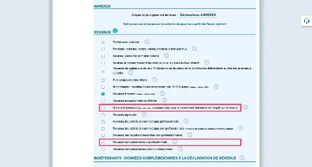 Cases à cocher dans la section Revenus et charges pour une déclaration BNC