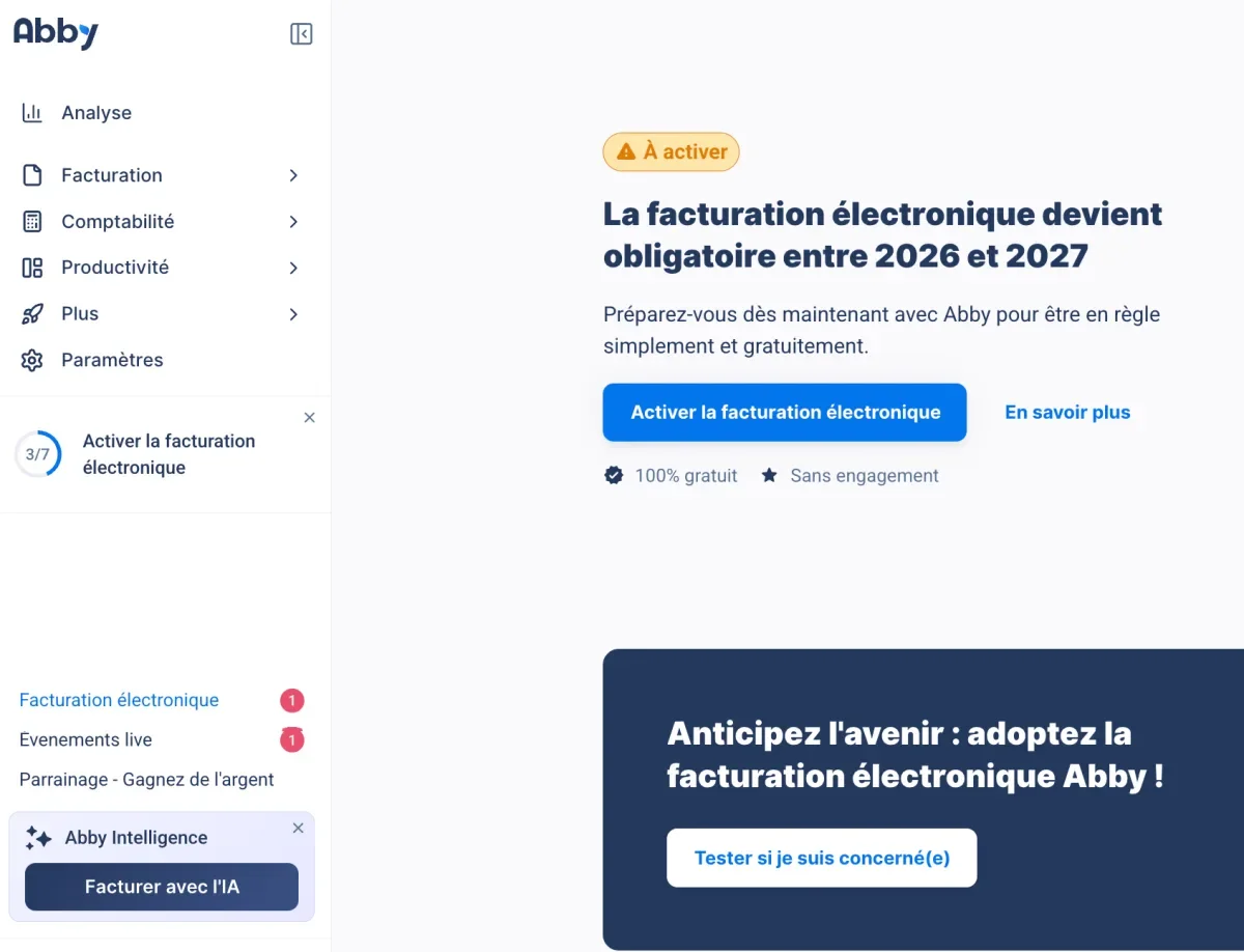 Onglet Facturation électronique d'Abby : activation d'Abby comme plateforme agréée