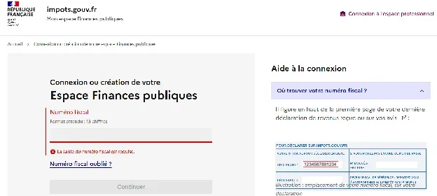 Page de connexion impots.gouv.fr avec saisie du numéro fiscal pour accéder à l'espace particulier