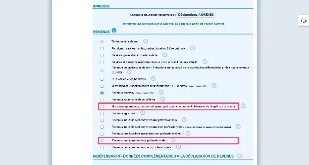 Cases à cocher dans la section Revenus et charges pour une déclaration BNC