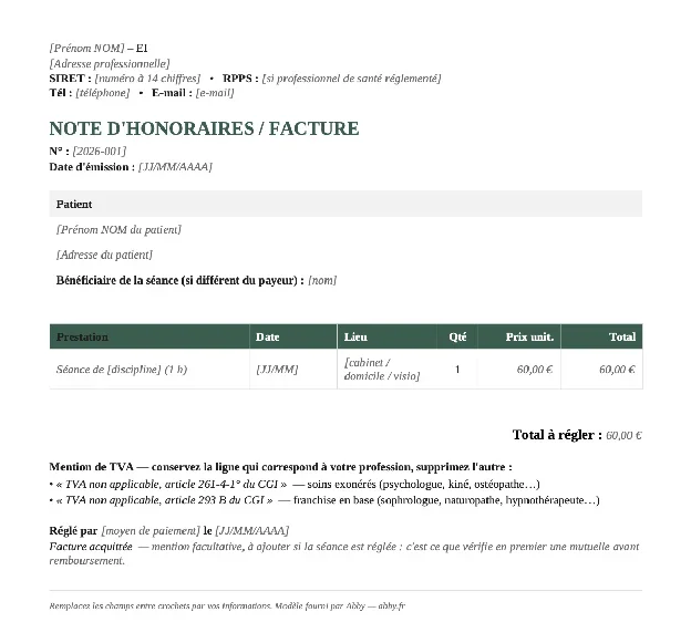 Modèle de facture thérapeute conforme avec mentions obligatoires et note d'honoraires