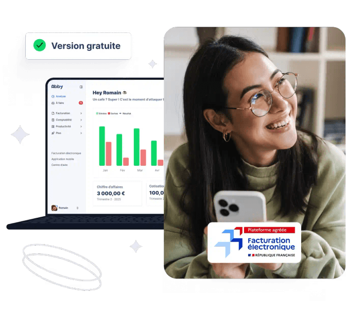 Interface du logiciel Abby montrant la création de factures et devis pour les indépendants