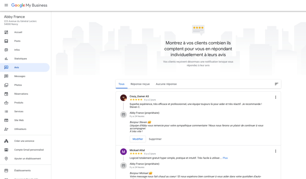 Page Avis sur GMB