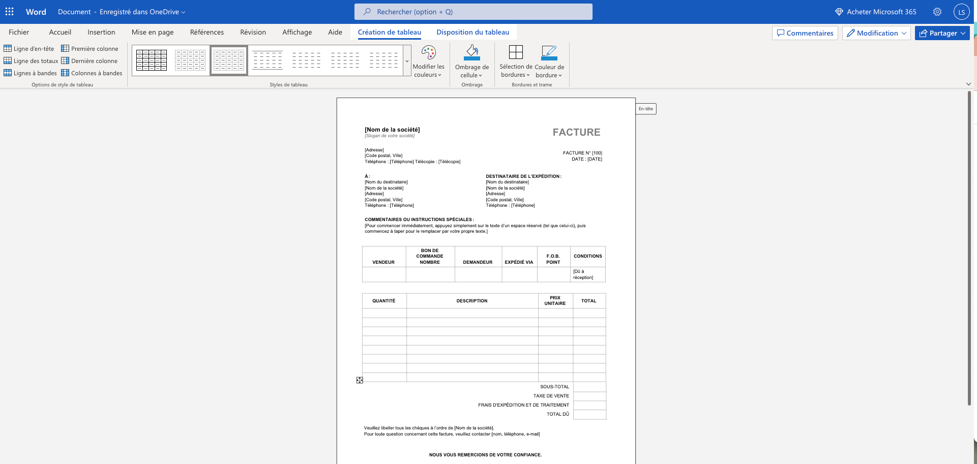 Modèle de facture auto entrepreneur Word