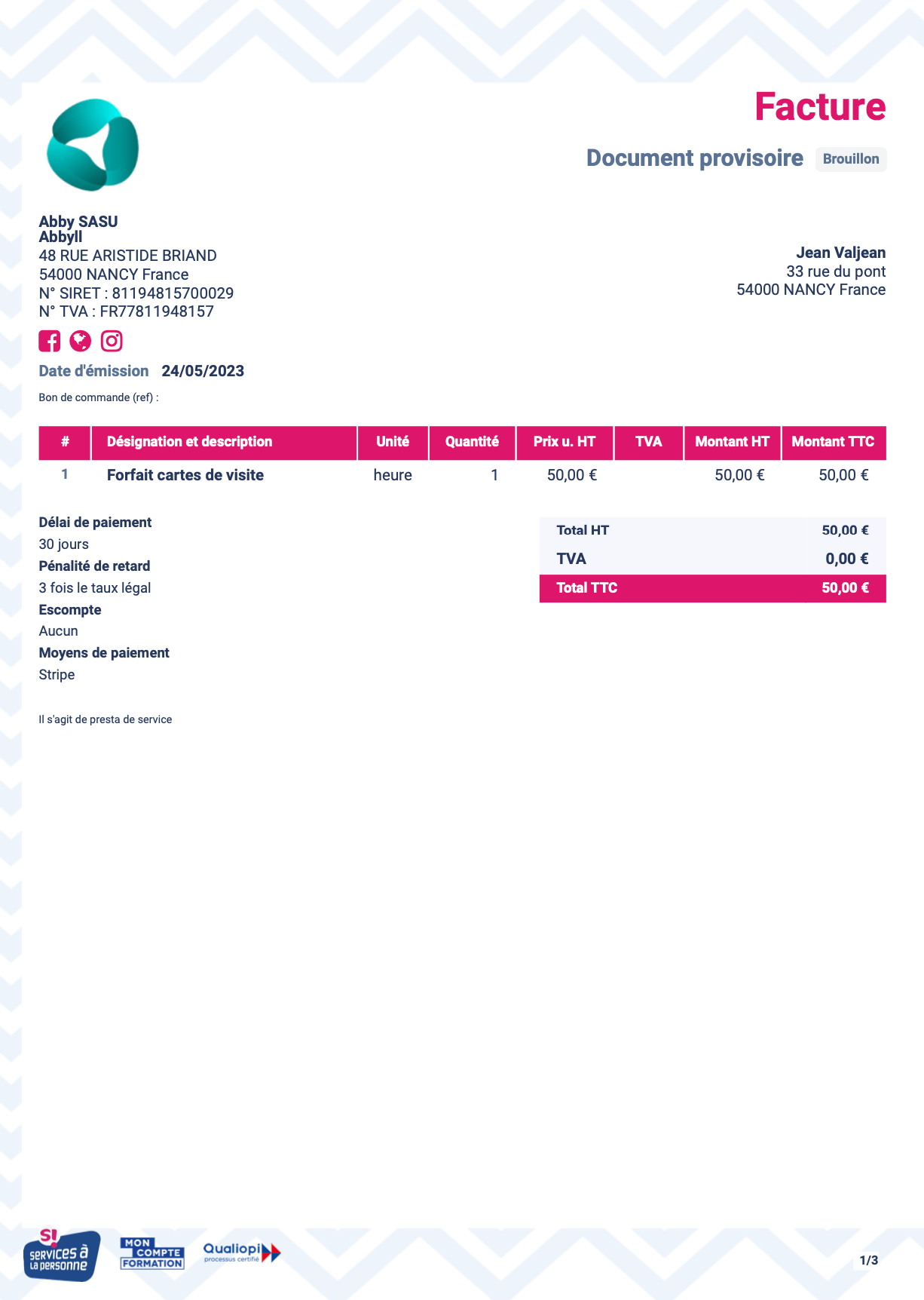 Exemple facture prestation de service