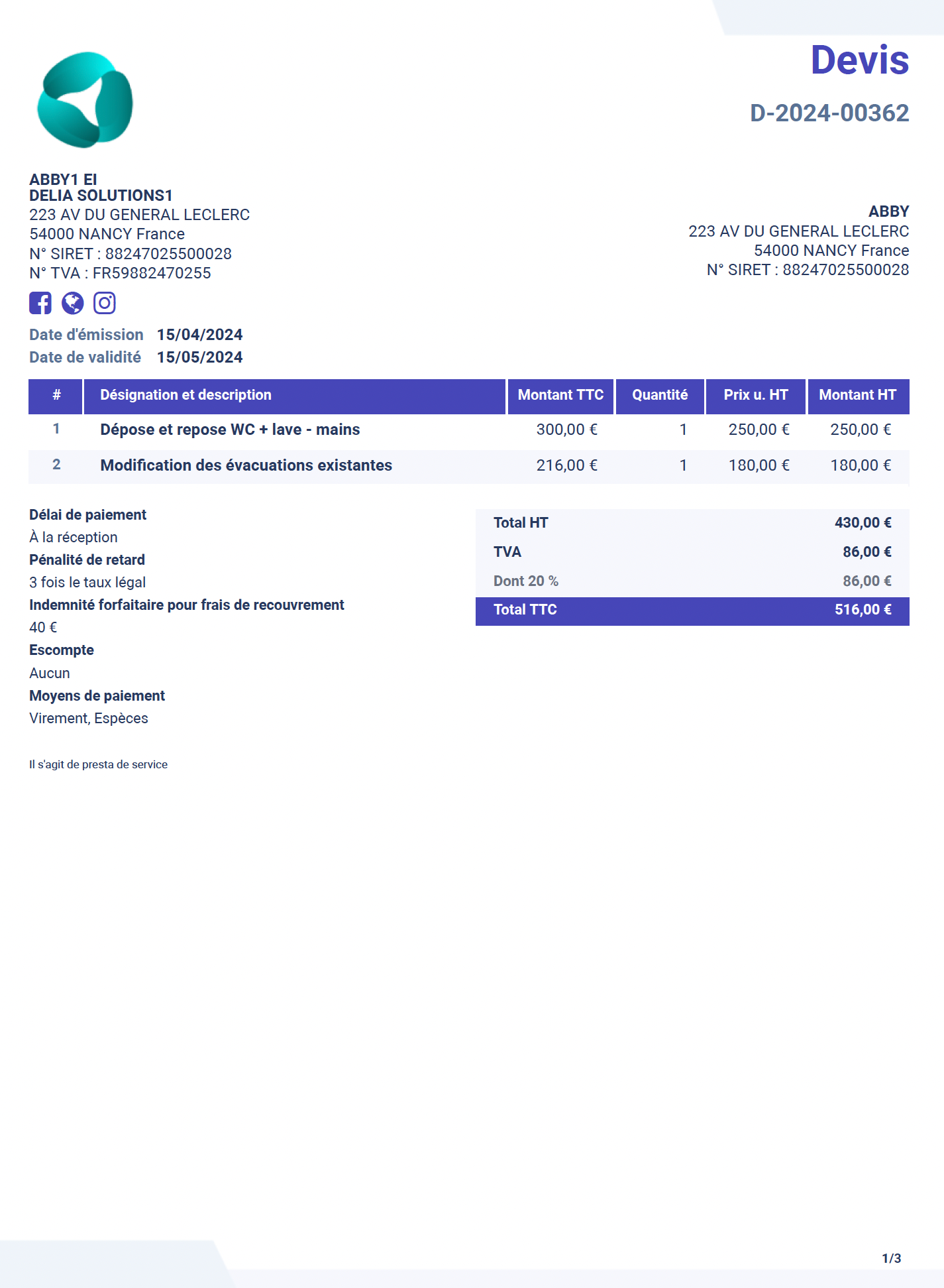 Exemple devis plombier