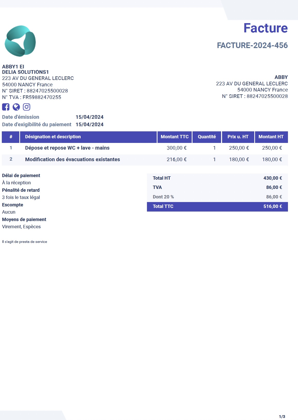 Exemple facture plombier